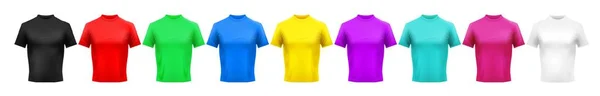 Modèle réaliste de t-shirt de couleur. Vêtements pour hommes rouges, verts et bleus. Chemise jaune, violet et cyan. Ensemble vectoriel de chemises rose, noir et blanc — Image vectorielle