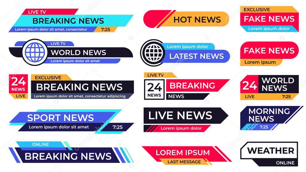 Breaking news banner. Broadcasting screen bars, television banners and live TV sport news frame vector set