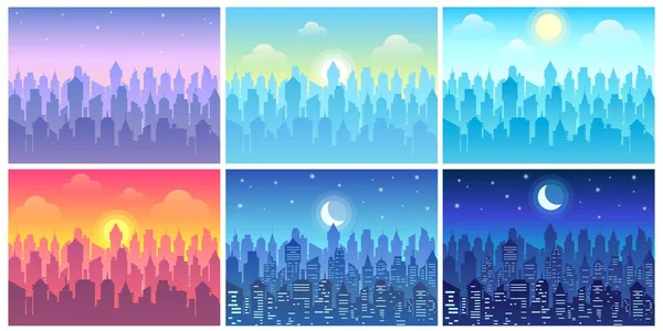 Day time cityscape. Change of time of day, morning town and night city skyline vector illustration set — Stock Vector