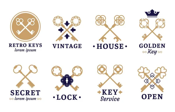Vintage nyckel etikett. Gamla nycklar emblem, retro lås och nyckel tjänst vektor uppsättning — Stock vektor