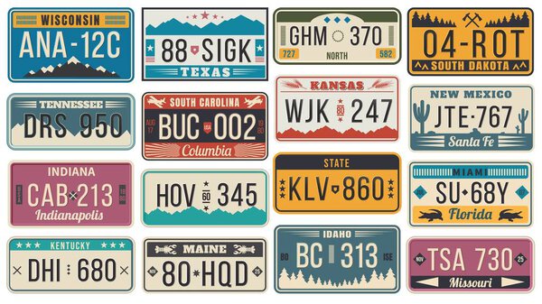 Abstract USA states license plates. Colorful retro car license, number plate templates vector set