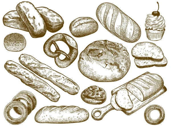 Met de hand getekend vers brood. Sesambroodje, krakeling en frans brood. Schets bakkerij brood vector illustratie set — Stockvector