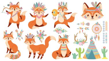 Tribal fox. Cute foxes, indian feather warbonnet and wild animal cartoon vector illustration set clipart