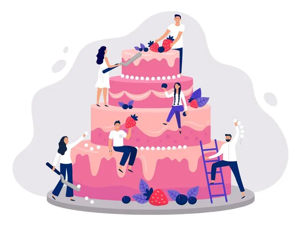 Hochzeitstorte. Bäcker dekorieren rosa Hochzeitstorte, Menschen kochen zusammen und süßes Dessert mit Beeren — Stockvektor
