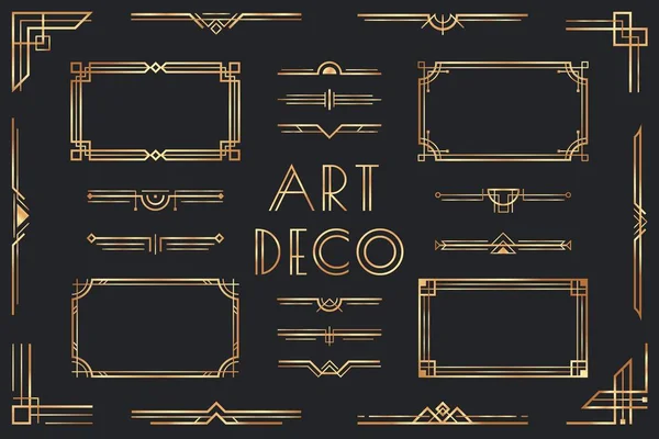 Altın sanat deco elementleri. Süslü çerçeve, retro 1920 'ler bölücü sınır ve dekoratif altın köşe vektörü