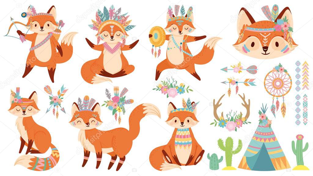 Tribal fox. Cute foxes, indian feather warbonnet and wild animal cartoon vector illustration set