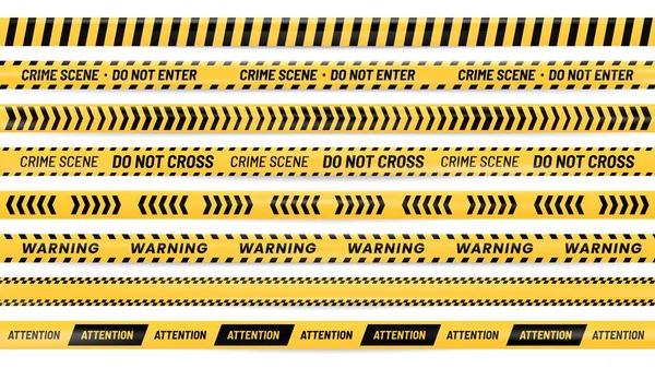 Tehlike kurdelesi. Uyarı çizgileri, uyarı bandı ve çizgili sarı ve siyah kurdeleler gerçekçi vektör çizimi — Stok Vektör