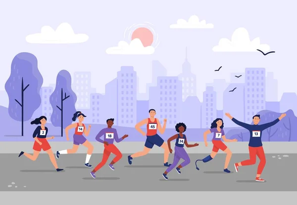 Maratón de la ciudad. Personas corriendo juntas, entrenamiento atlético y maratones deportivos corredores vector ilustración — Archivo Imágenes Vectoriales