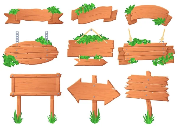 Letrero de madera con hojas. Hojas tropicales en tableros de madera, letrero de etiqueta verde y tableros de puntero de selva vector conjunto — Vector de stock