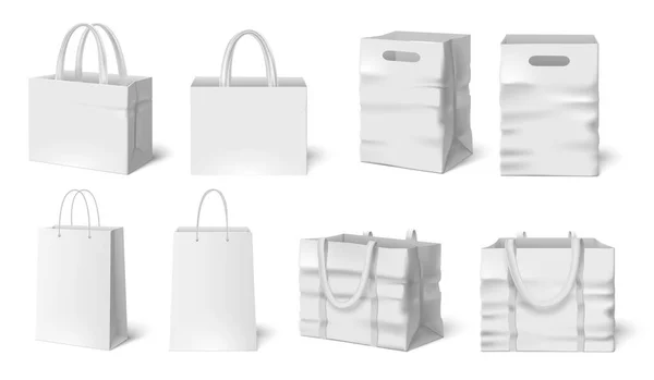 Una maqueta de bolsa blanca. Bolsas de papel, bolsa de tela 3d realista conjunto de vectores de plantilla de embalaje — Vector de stock