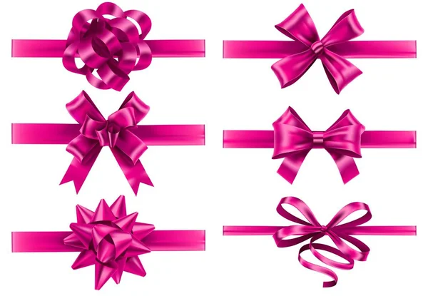 Cintas rosadas realistas con lazos. Arco de envoltura festivo, cinta de seda de rosas y regalo de San Valentín decoración vector conjunto — Archivo Imágenes Vectoriales