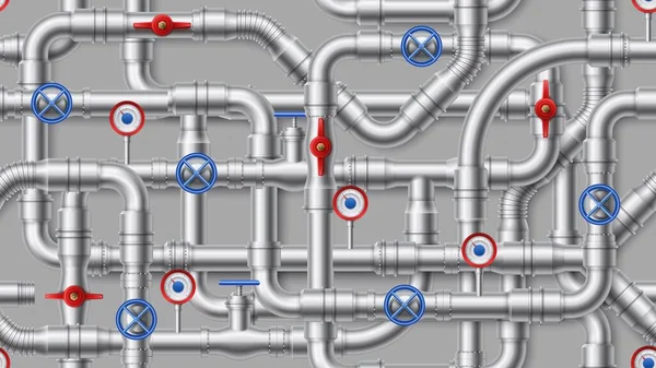 Ipari csővezeték minta. Acél vízvezetékek, fém cső szelep varrat nélküli vektor háttér illusztráció — Stock Vector