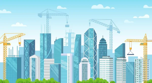 Cidade construída. Cidade em construção, construção de fundações e guindastes de construção construir edifícios cartoon vetor ilustração — Vetor de Stock