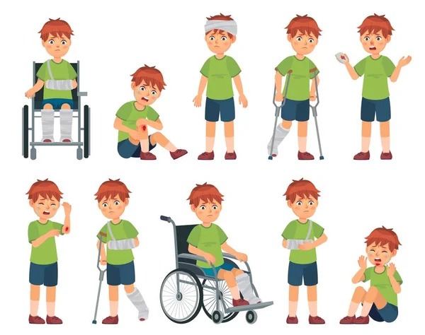 Kid with injury. Boy bruised hand, broke leg and arm. Injuries head, sport injuries and wheelchair vector cartoon illustration set — 스톡 벡터