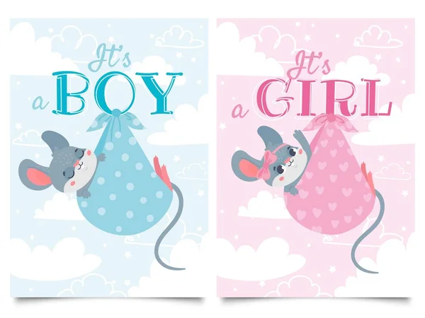 Seine Jungen und Mädchen Karten. Babydusche Etikett mit süßer Maus, Mäuse Kinder Vektor Cartoon Illustration Set — Stockvektor