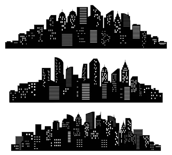 Silueta de paisaje urbano. Edificios de la ciudad, ciudad nocturna y siluetas horizontales panorama urbano vector conjunto — Vector de stock