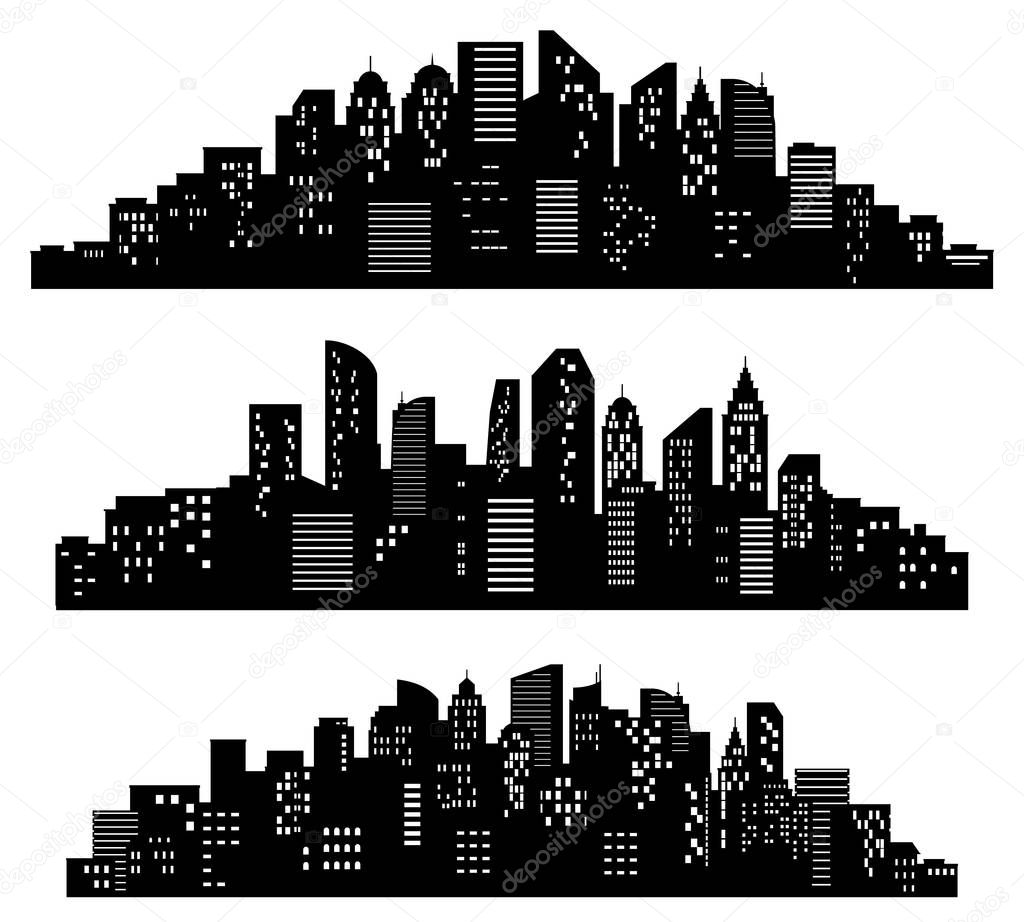 Cityscape silhouette. City buildings, night town and horizontal urban panorama silhouettes vector set