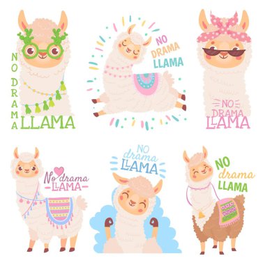 No drama llama. Funny llamas or cute alpacas quote, happy mexican alpaca vector illustration set clipart
