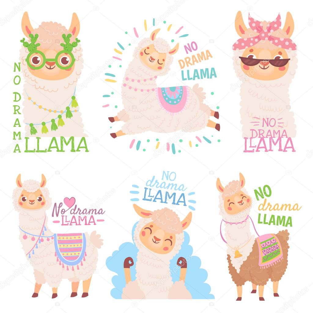 No drama llama. Funny llamas or cute alpacas quote, happy mexican alpaca vector illustration set