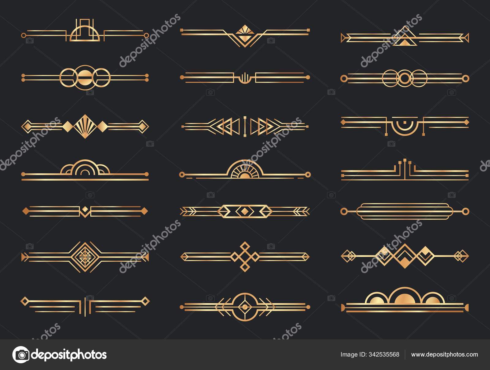 Divisores art deco dorados. Borde geométrico decorativo, divisores de oro  retro y lujo 1920 decoración elementos vector conjunto Vector de stock  #342535568 de ©tartila.stock.gmail.com, image size:1600x1208