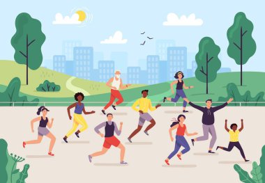 Park maratonu. İnsanlar dışarıda koşuyor, koşucular grup ve spor yaşam tarzları. Koşu vektörü illüstrasyonu