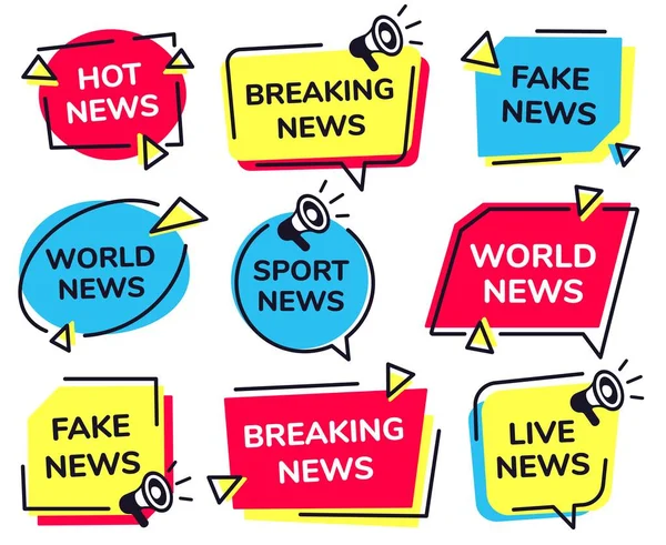 Rótulo. Breaking, esporte ao vivo e emblemas de notícias falsas conjunto vetor — Vetor de Stock