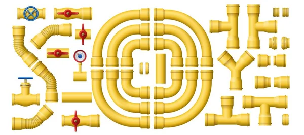 Yellow gas pipeline pipes. Metal pipe section, pipelines construction and industrial pipes kit vector set — 스톡 벡터