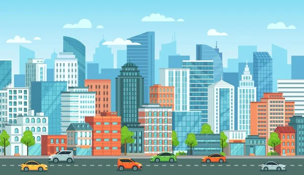 Paisaje urbano con coches. Calle de la ciudad con carretera, edificios de la ciudad y el coche urbano ilustración vector de dibujos animados — Vector de stock