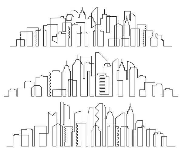 Paisagem urbana de arte de linha. Edifícios da cidade panorama horizontal, arranha-céus da cidade e moderno conjunto vetorial silhueta urbana — Vetor de Stock
