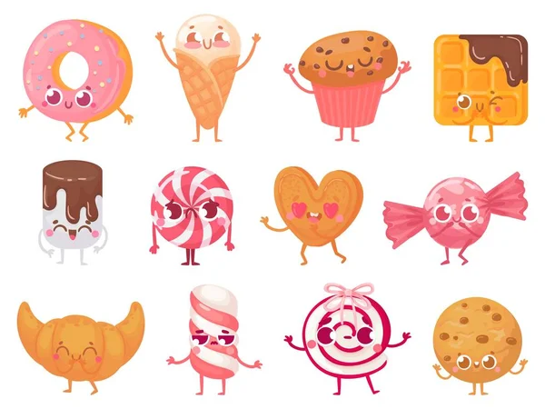 Γλυκά γλυκά. Χαρούμενη μασκότ cupcake, αστείος χαρακτήρας γλυκό και χαμογέλασε ντόνατ. Μπισκότα, παγωτά και κρουασάν μασκότ κινουμένων σχεδίων — Διανυσματικό Αρχείο