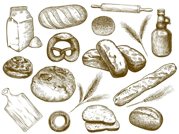 Panadería dibujada a mano. Pan recién hecho, espigas de trigo y harina para hornear. Sketch panadería ingredientes vector ilustración conjunto — Archivo Imágenes Vectoriales