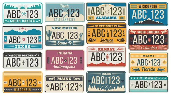 Matrícula del coche. Retro USA coches matrícula número signos, Texas, Wisconsin y Kansas matrículas vector ilustración conjunto — Archivo Imágenes Vectoriales