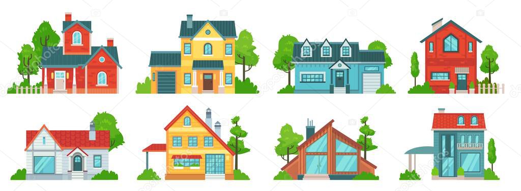 Suburban house. Real estate facades, holiday mansions and country houses with roof vector set