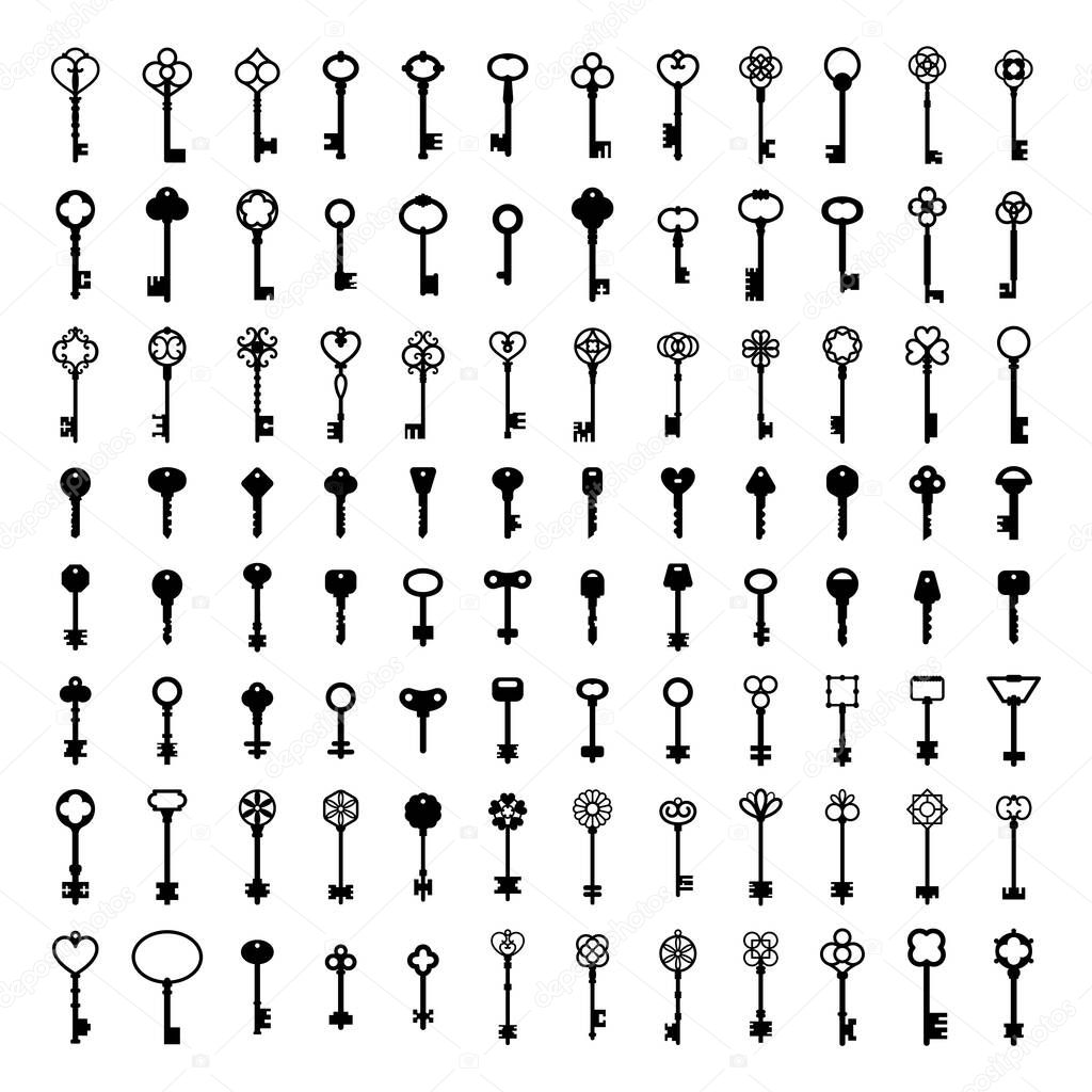 Key silhouettes. Vintage house keys, retro safe key and security access silhouette icon vector set