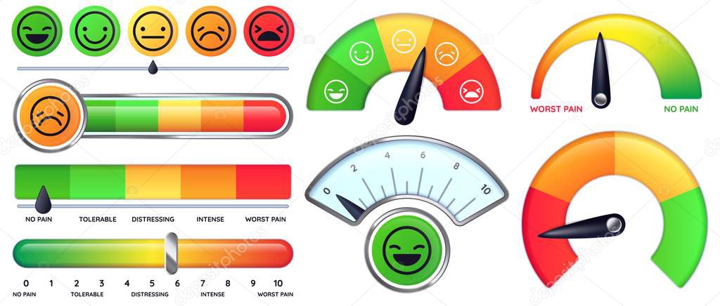 Pain scale meter. Smile and sad emotion measure, no pain and worst pain scales vector set