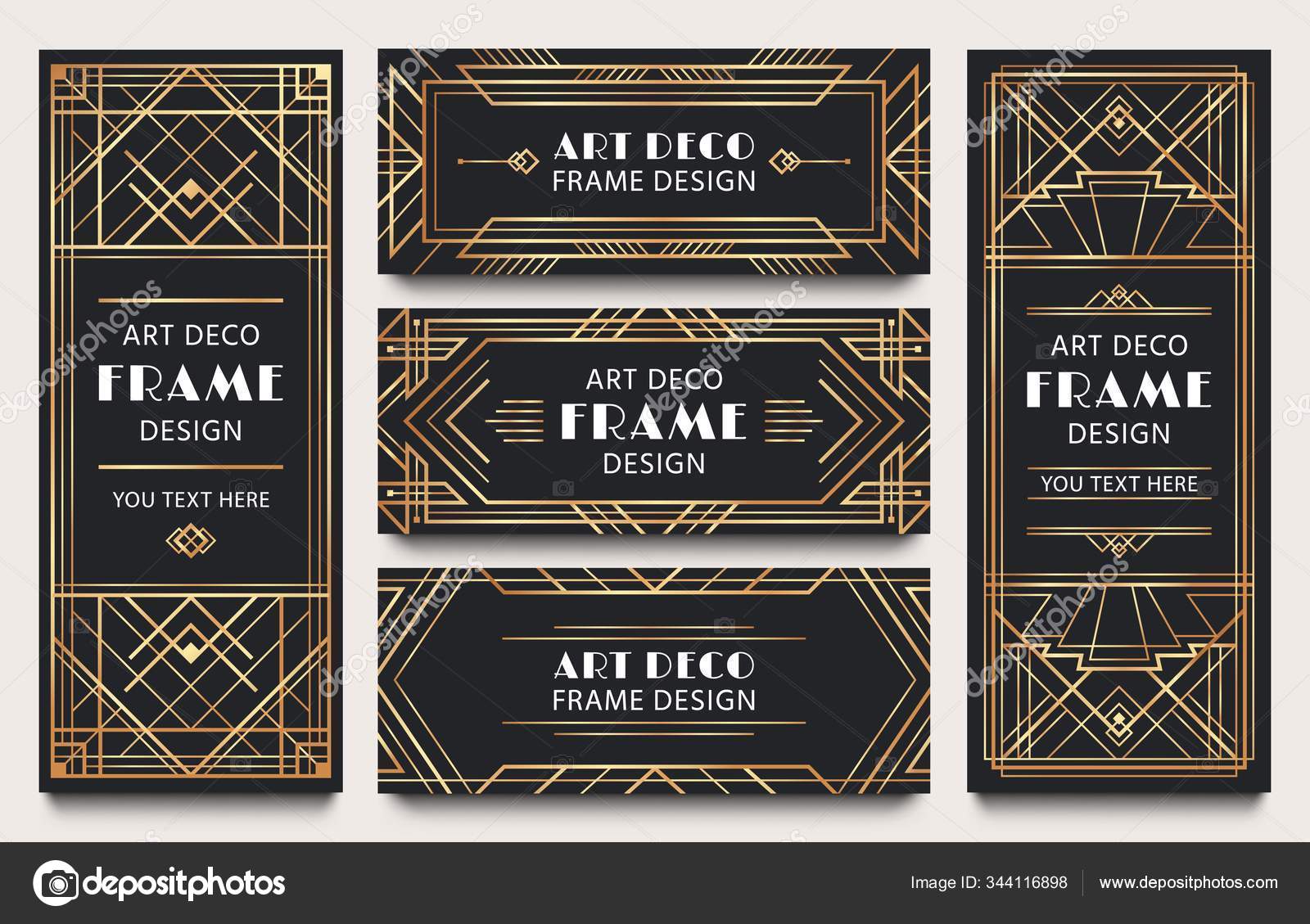 Marcos de banner art deco de oro. Marco de líneas geométricas de oro,  esquinas decorativas de lujo y conjunto de vectores de etiquetas premium  Vector de stock #344116898 de ©tartila.stock.gmail.com, image size:1600x1129