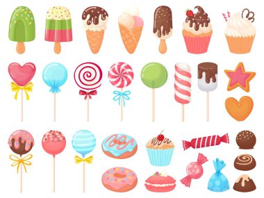 Cartoon sweets. Sweet ice cream, cupcakes and chocolate candies. Delicious donut, cookies and candy on stick vector illustration set clipart