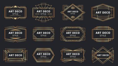 Altın sanat deco rozetleri. Altın çerçeve etiketi, dekoratif rozet ve geometrik çerçeve vektörü seti
