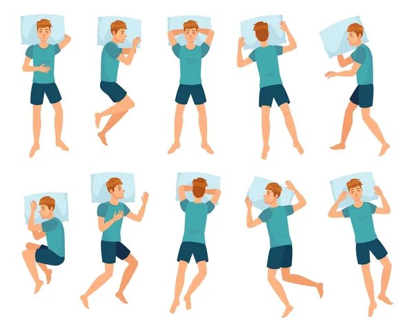 El hombre duerme en diferentes poses. Hombre sueño carácter, hombres durmiendo en cama vista superior vector ilustración conjunto — Vector de stock