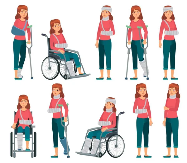 Frau mit Verletzungen. Beinbrüche in Gips, Arm- und Nackenverletzungen. traurige Frauenfigur im Rollstuhl, Unfallopfer Vektor Cartoon-Illustration — Stockvektor