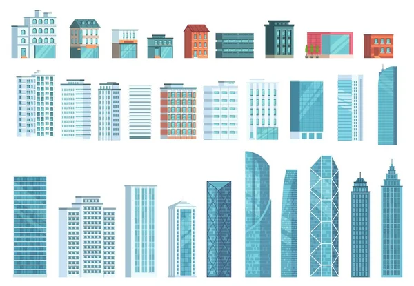 Bâtiments urbains modernes. Bâtiment gratte-ciel de la ville, maisons de ville, bureaux d'affaires gratte-ciel vectoriel illustration ensemble — Image vectorielle