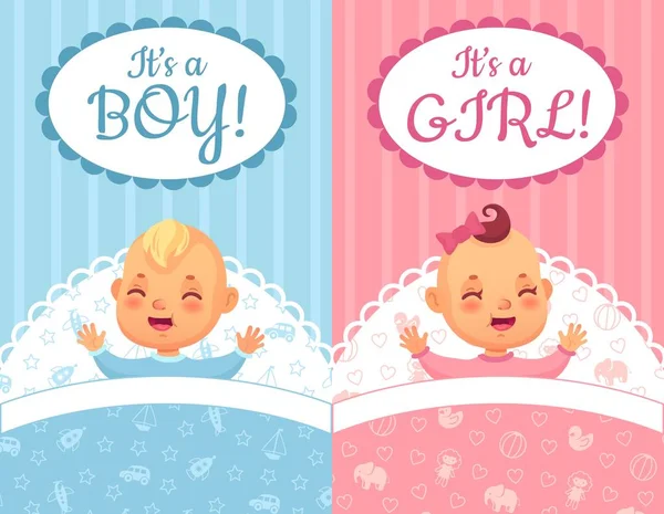 Karty na oslavu dítěte. It 's a Boy and Girl label, cute baby cartoon vector illustration set — Stockový vektor