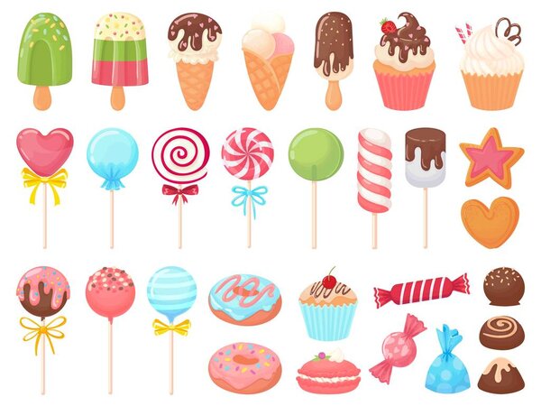 Cartoon sweets. Sweet ice cream, cupcakes and chocolate candies. Delicious donut, cookies and candy on stick vector illustration set