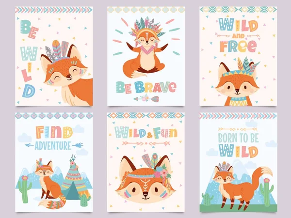 Wild Tribal Fox Poster. Sei mutig, finde Abenteuer und freie Füchse mit indischen Federn und Pfeilen Cartoon-Poster Vektor-Illustrations-Set — Stockvektor