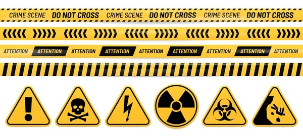 危险带和标志。注意，毒药，高压，辐射，生物危害和下降的警告信号。警告带向量集 — 图库矢量图片