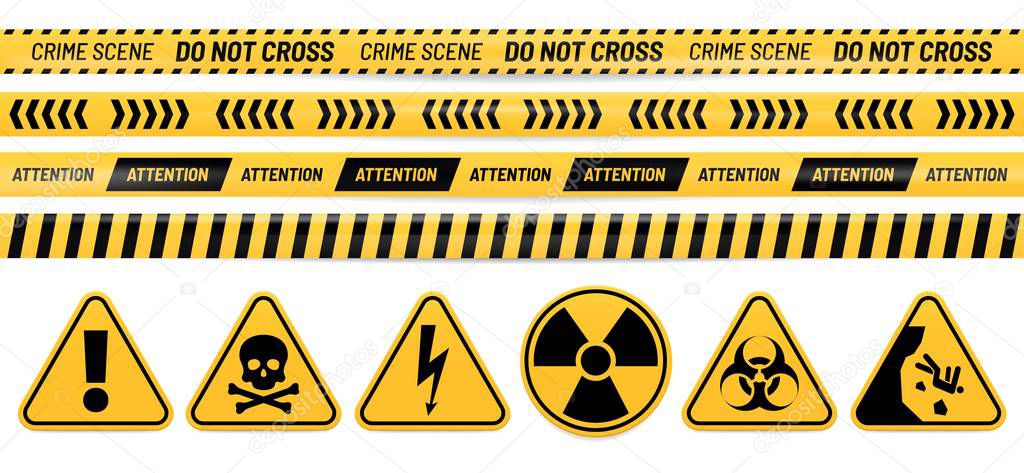 Danger ribbon and sign. Attention, poison, high voltage, radiation, biohazard and falling warning signs. Caution tape vector set