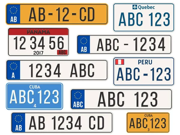 La matrícula del coche. Placas de matrícula de coche de la UE. Cuba, Panamá, Perú y Quebec número de registro plantilla vector ilustración conjunto — Archivo Imágenes Vectoriales