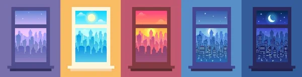 Daytime city landscape in window. Change of time of day, night city view from window and cityscape in frame vector illustration set — Stock Vector