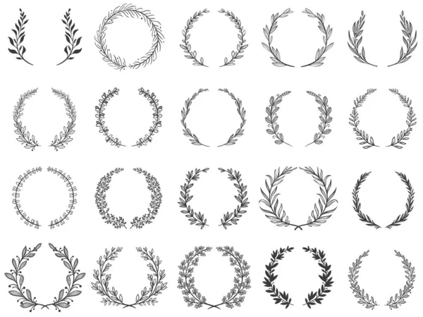 Süslü dal çelenkleri. Laurel yaprakları, zeytin dalları ve çiçek desenli çerçeve vektörü.