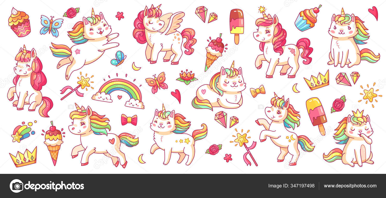 Desenhos Animados Personagem Caticorn Bonito Vector Kawaii Gato